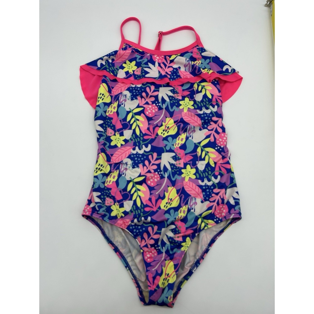 Lands' End Girls Blue Pink Floral Ruffle Crossback Bathing Suit Size 14